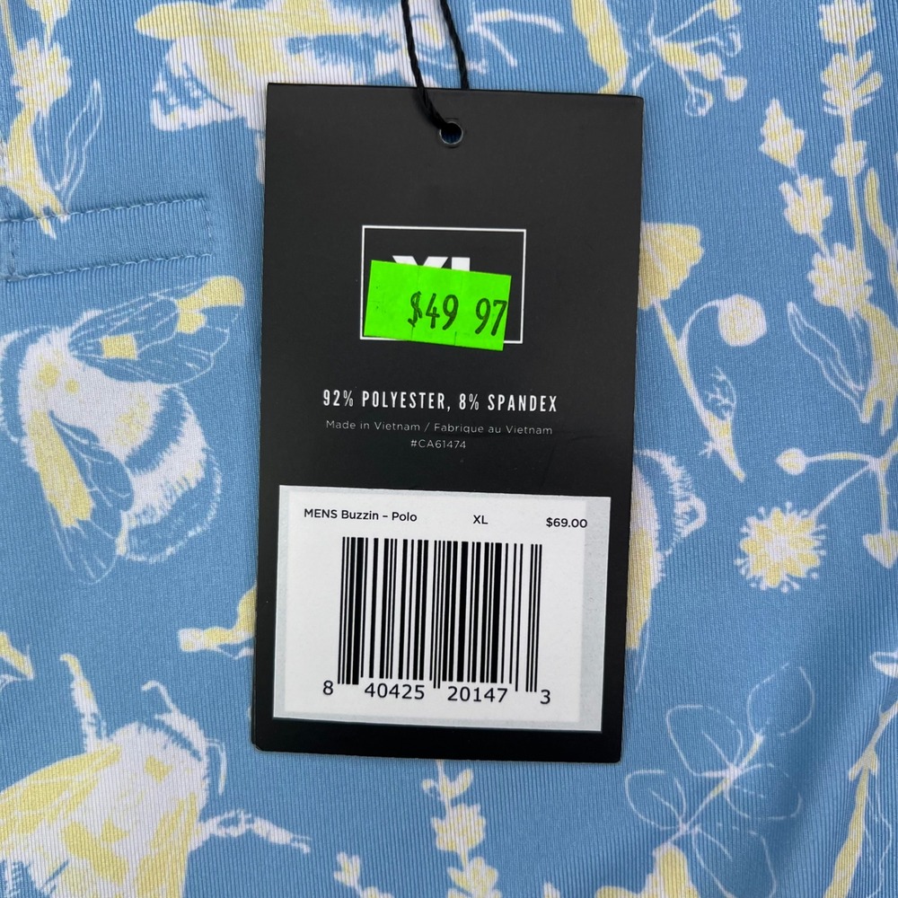 Waggle Buzzin Polo Shirt Men XL Blue Yellow Bee Floral Print Performance Stretch - Picture 6 of 9
